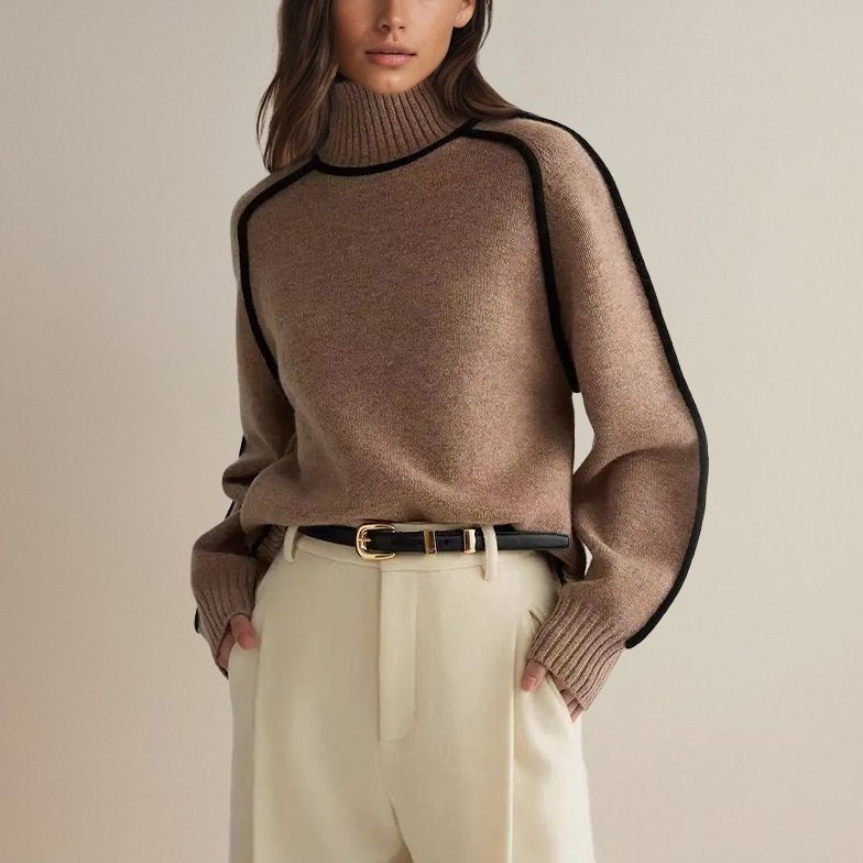 Bayer Modehaus - Damen Rollkragenpullover mit Kontraststreifen, Feinstrick in Braun