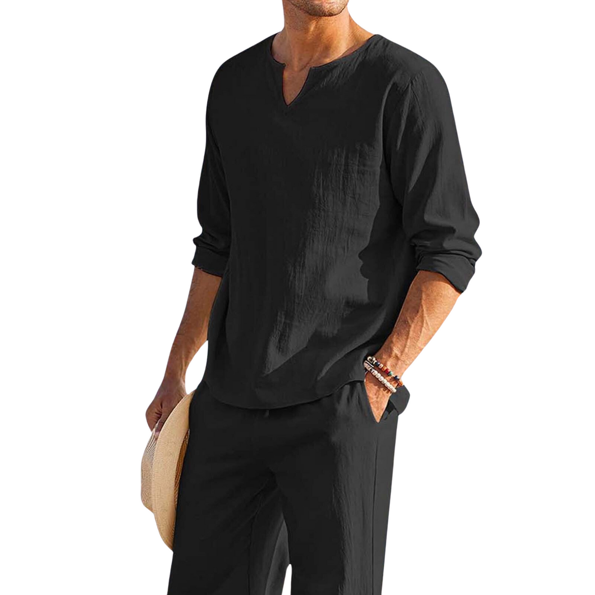 Loungewear Herren Zweiteiler mit V-Ausschnitt und lockerer Passform