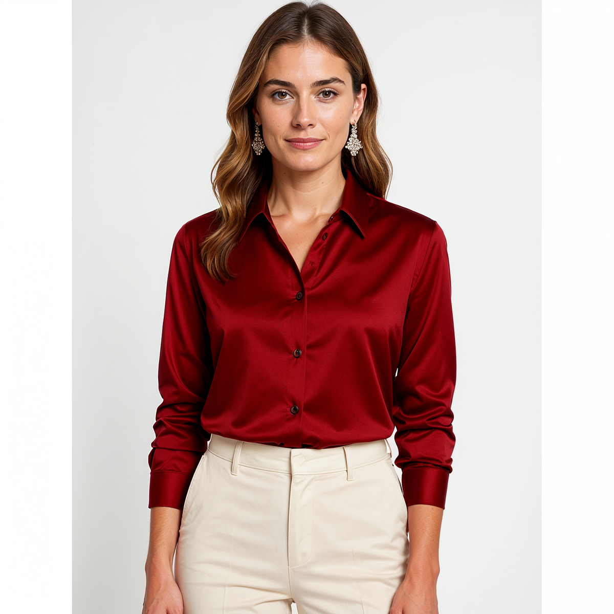 Hemdbluse Damen aus Satin Langarm mit Knopfleiste und Manschetten