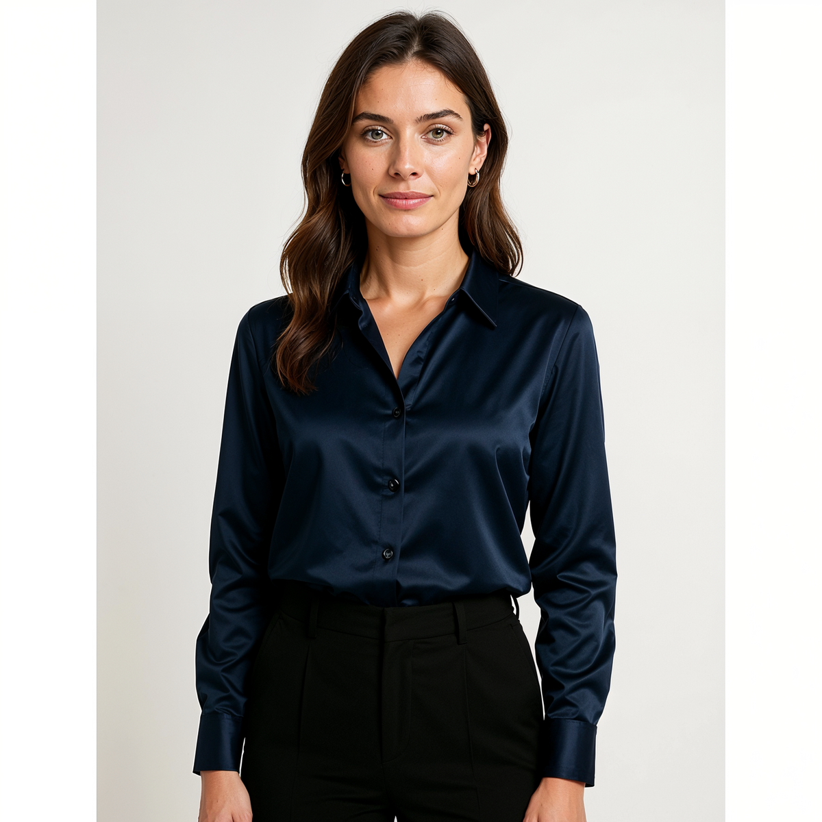 Hemdbluse Damen aus Satin Langarm mit Knopfleiste und Manschetten