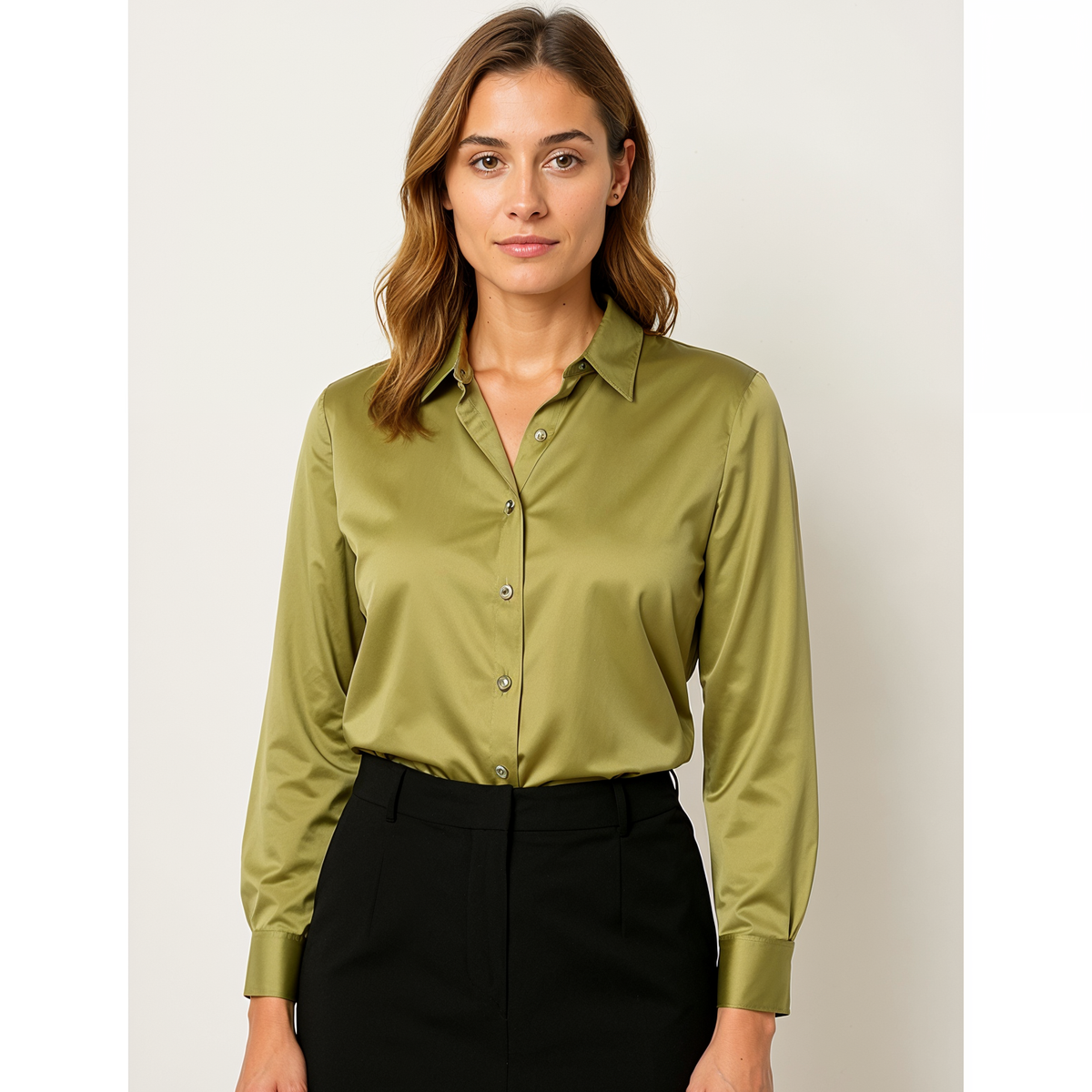 Hemdbluse Damen aus Satin Langarm mit Knopfleiste und Manschetten