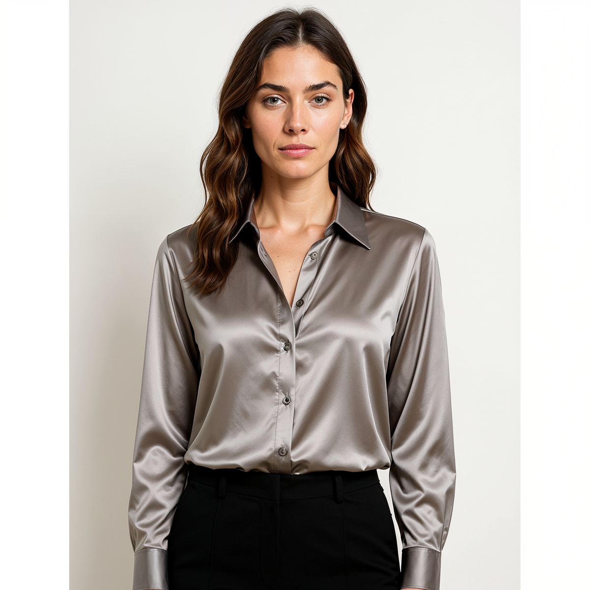 Hemdbluse Damen aus Satin Langarm mit Knopfleiste und Manschetten