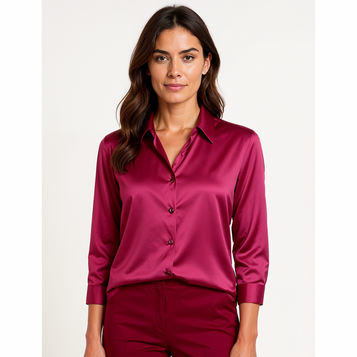 Hemdbluse Damen aus Satin Langarm mit Knopfleiste und Manschetten