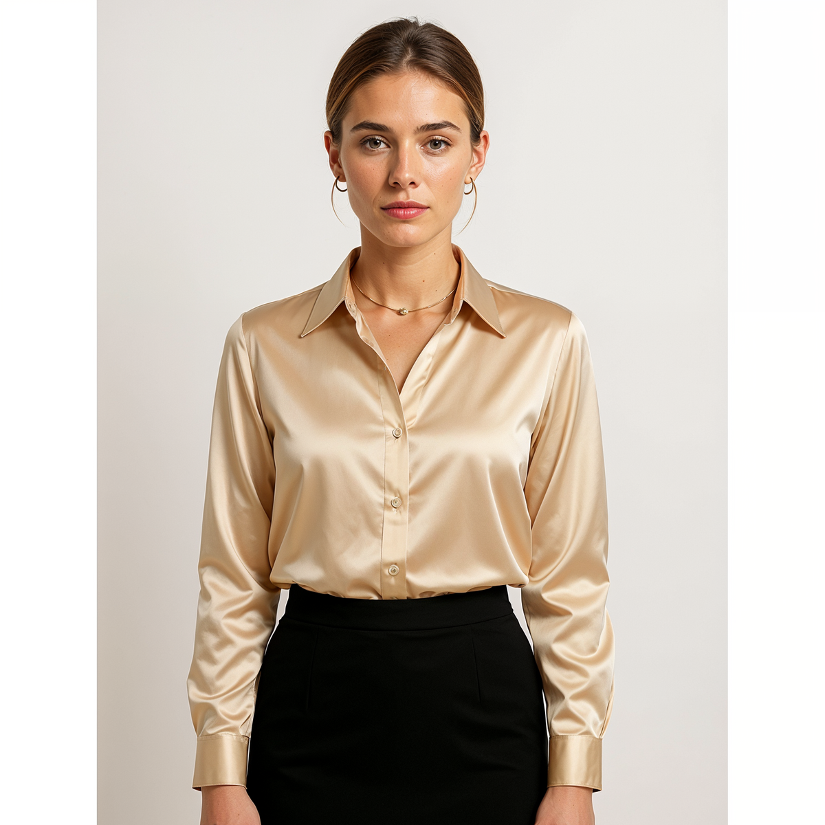 Hemdbluse Damen aus Satin Langarm mit Knopfleiste und Manschetten