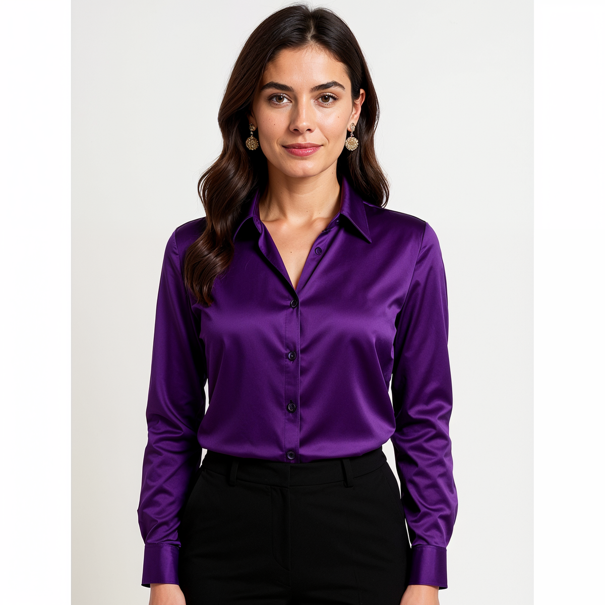 Hemdbluse Damen aus Satin Langarm mit Knopfleiste und Manschetten