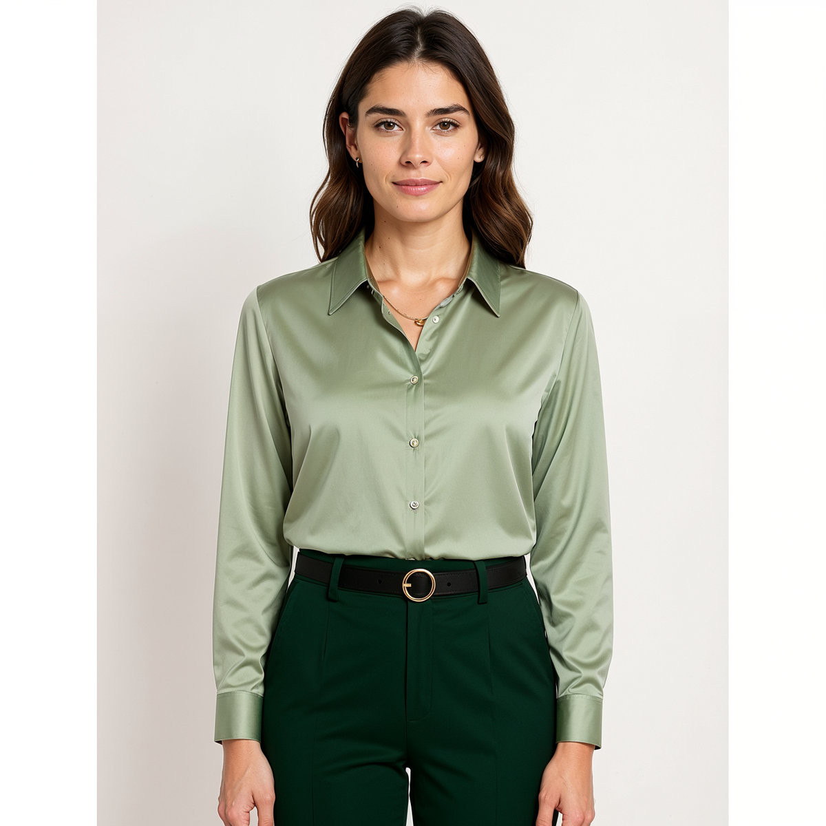Hemdbluse Damen aus Satin Langarm mit Knopfleiste und Manschetten
