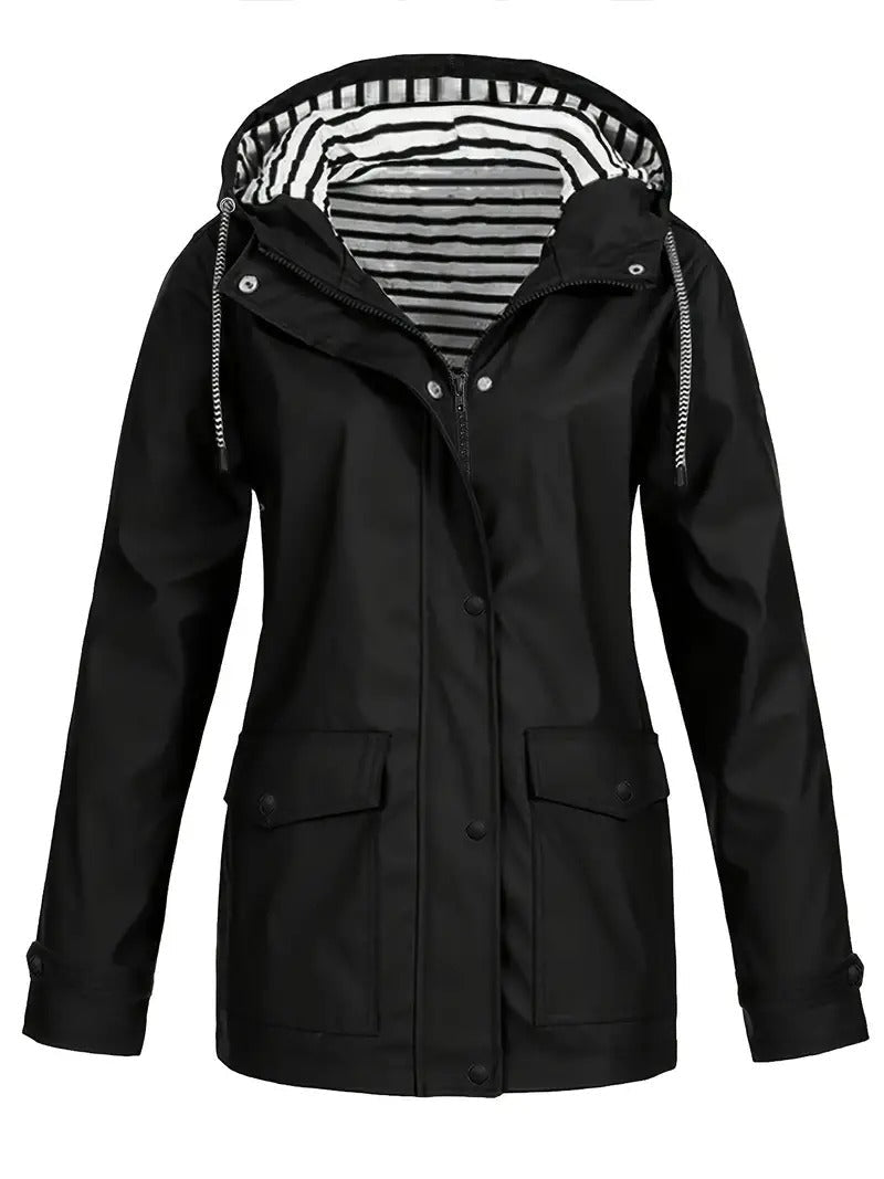 Mantel mit Kapuze, Streifenrand und Reißverschluss für Damen in Schwarz - Ansicht 6