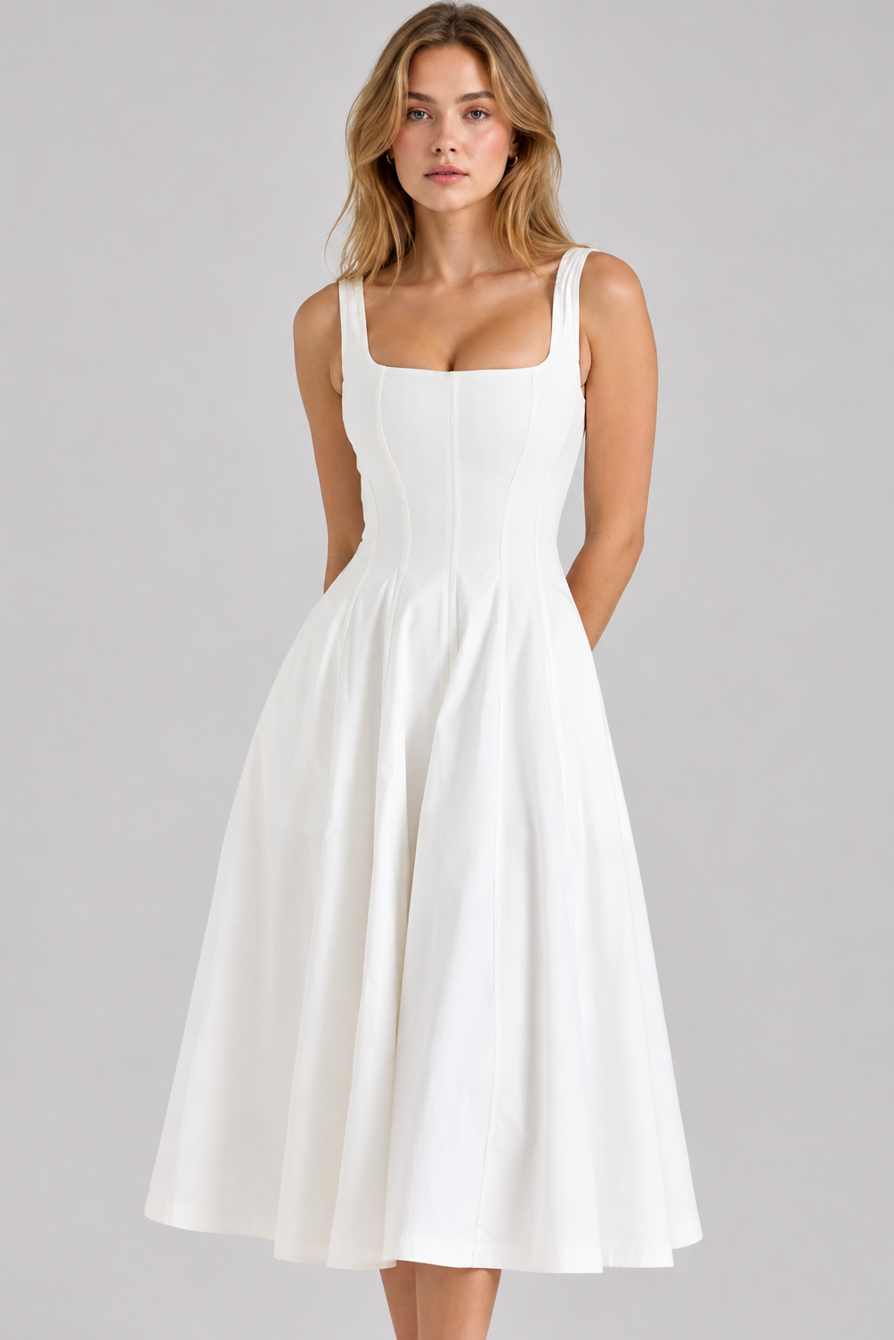 Festliches Kleid Damen Midikleid eckiger Ausschnitt Rückenschnürung