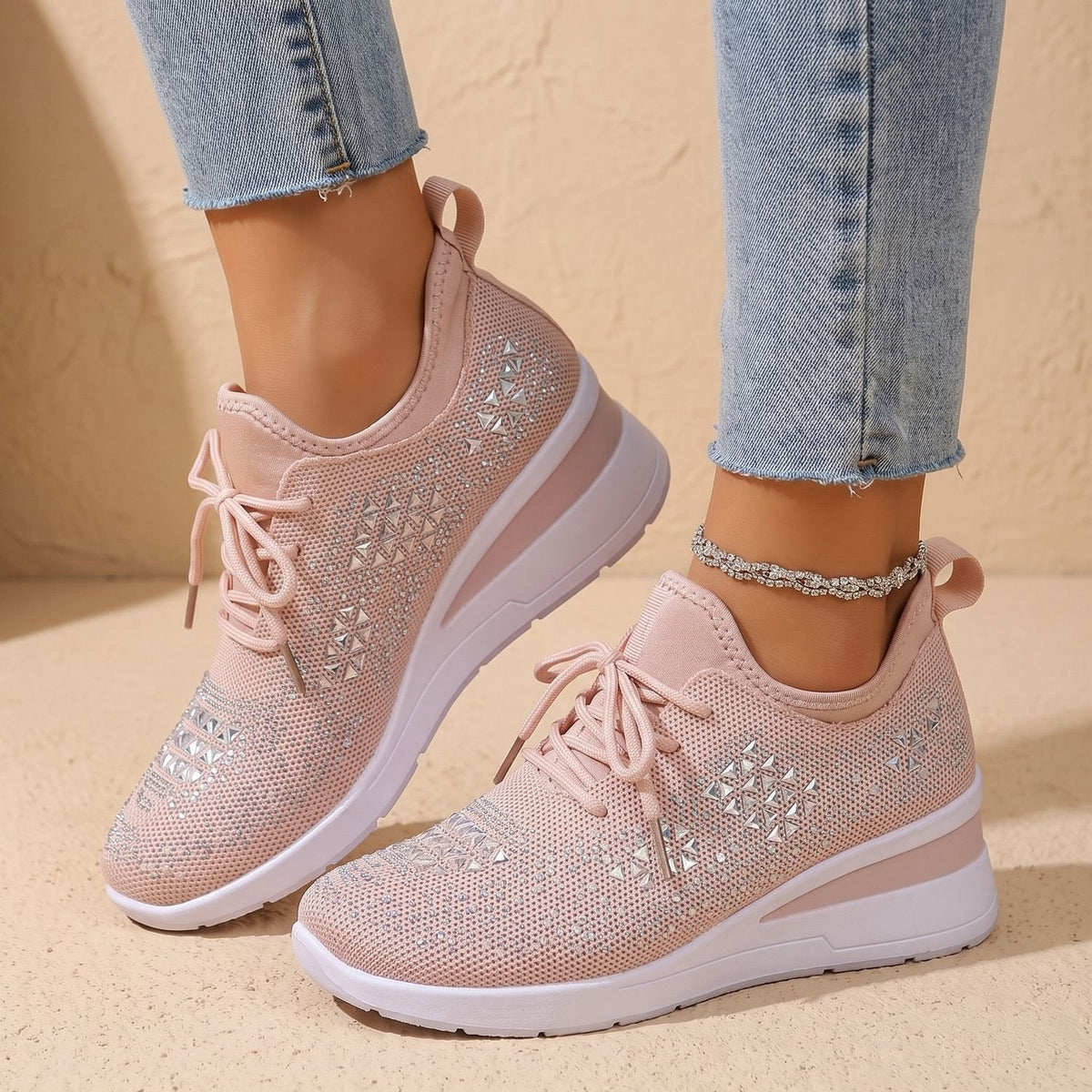 Orthopädische Schuhe Damen aus Strick, atmungsaktiv mit Strass