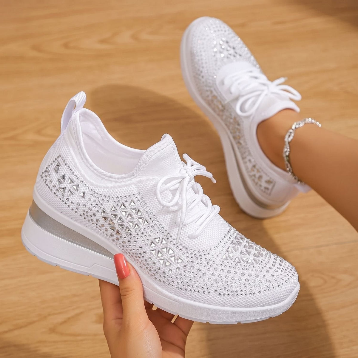 Orthopädische Schuhe Damen aus Strick, atmungsaktiv mit Strass