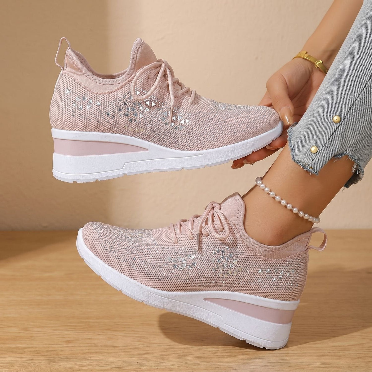 Orthopädische Schuhe Damen aus Strick, atmungsaktiv mit Strass