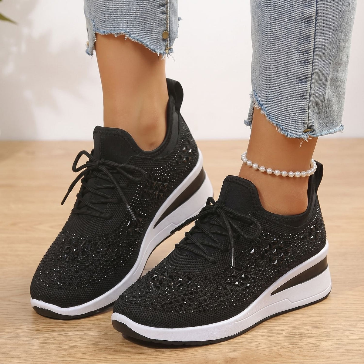 Orthopädische Schuhe Damen aus Strick, atmungsaktiv mit Strass