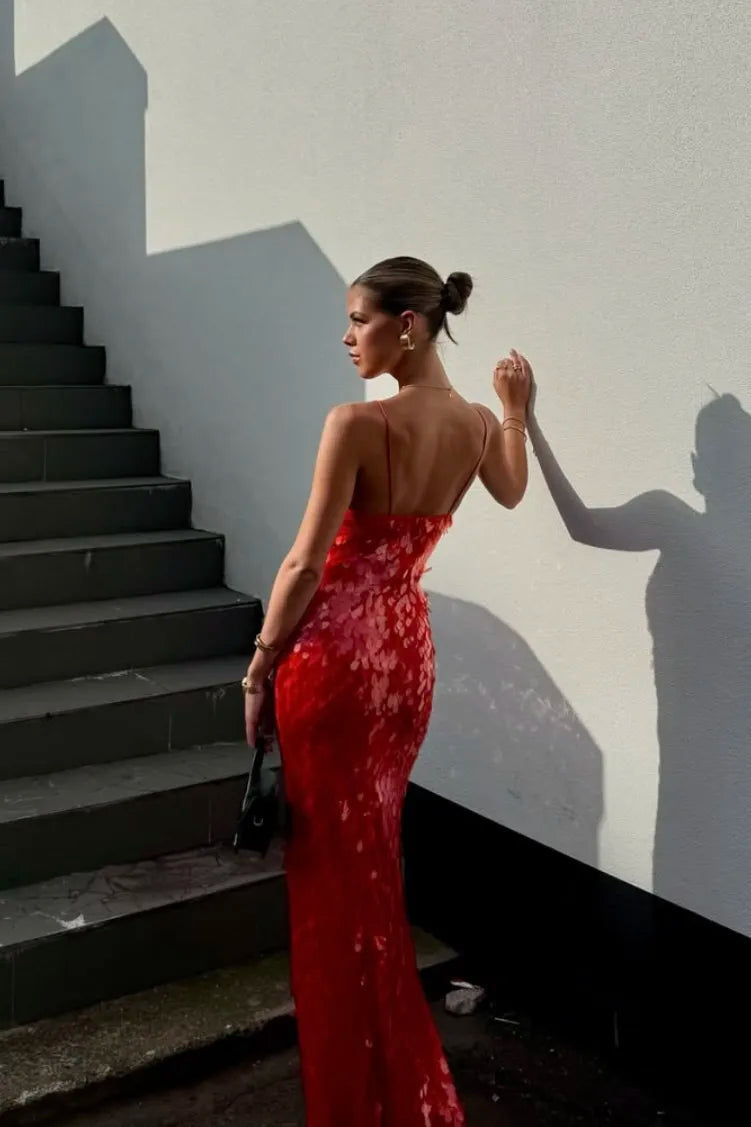 Pailletten Kleid mit V-Ausschnitt und Schleppe für Damen