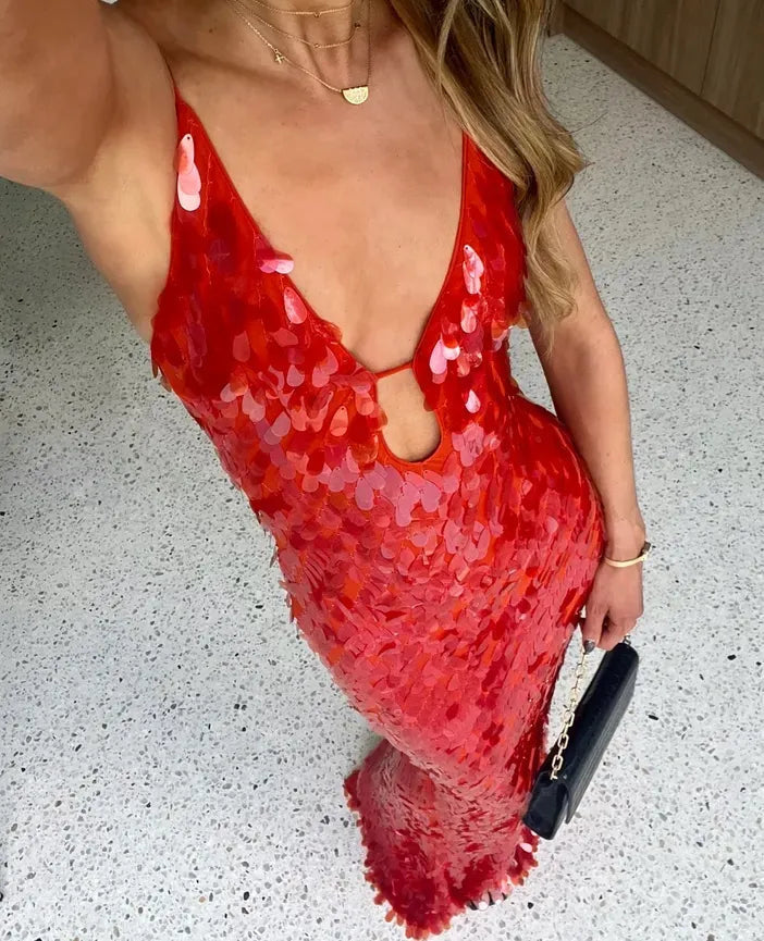 Pailletten Kleid mit V-Ausschnitt und Schleppe für Damen