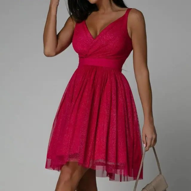 Pailletten Kleid mit V-Ausschnitt und Taillenband für Damen