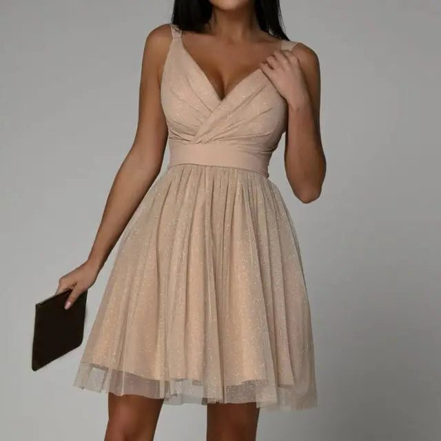 Pailletten Kleid mit V-Ausschnitt und Taillenband für Damen