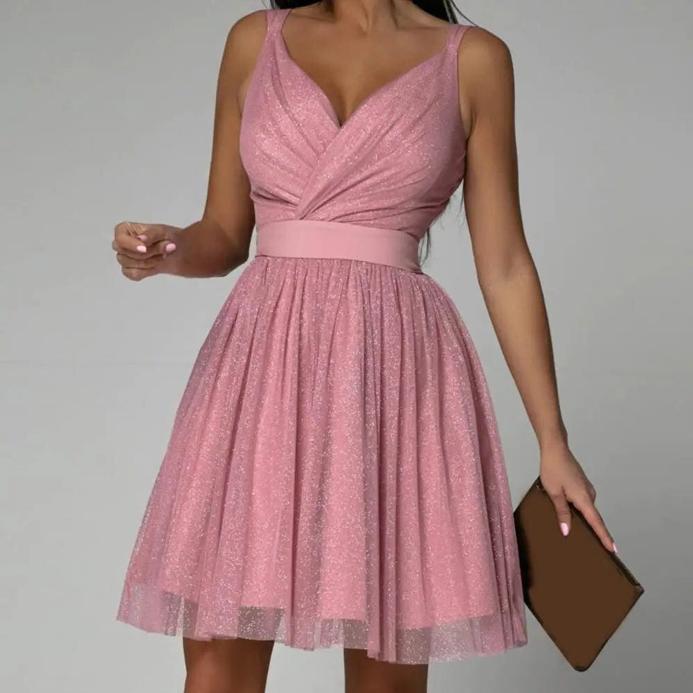 Pailletten Kleid mit V-Ausschnitt und Taillenband für Damen