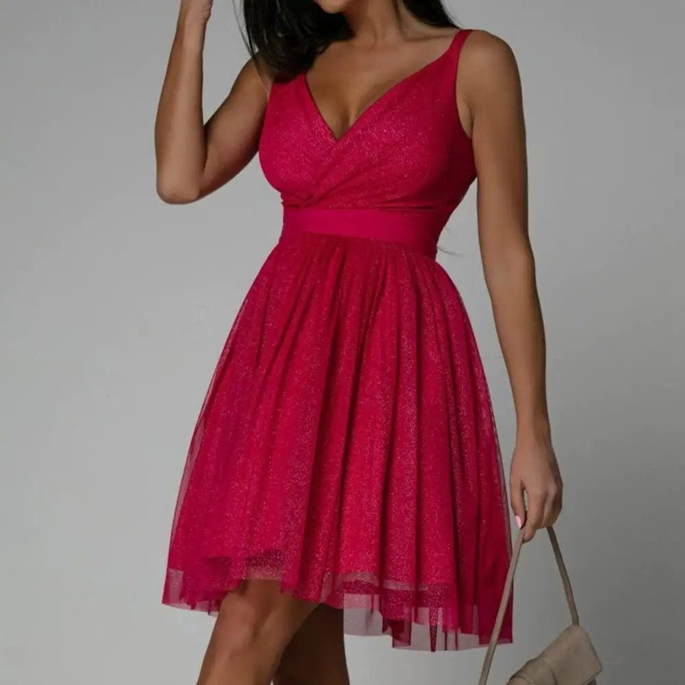 Pailletten Kleid mit V-Ausschnitt und Taillenband für Damen