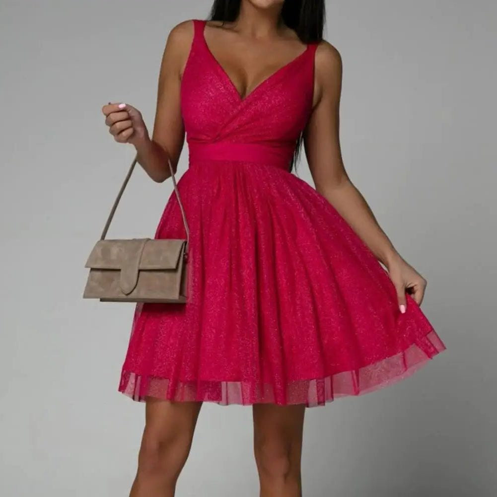 Pailletten Kleid mit V-Ausschnitt und Taillenband für Damen