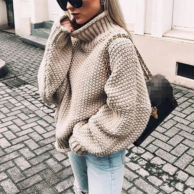 Pullis Damen Rollkragenpullover Oversized mit Grobstrick-Textur