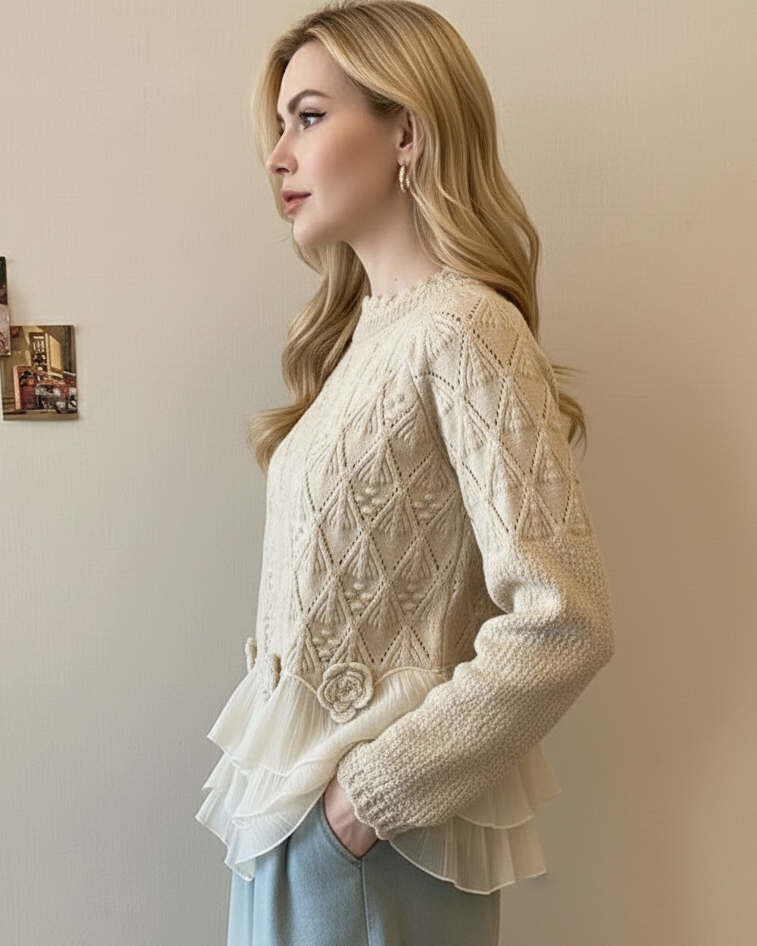 Pullis Damen Strickpullover in Creme mit Rüschen und Rosendetail