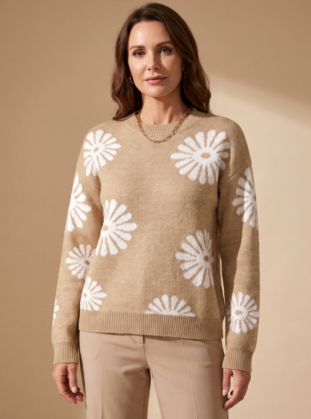 Pullis Damen Strickpullover mit Blumenmuster und lockerer Passform