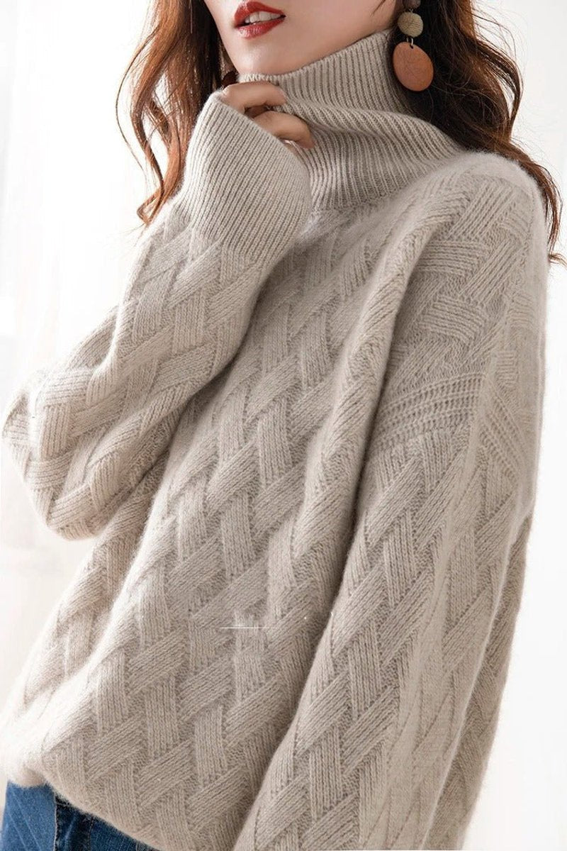 Pullis Damen Strickpullover mit Rollkragen und Zopfmuster, Oversize
