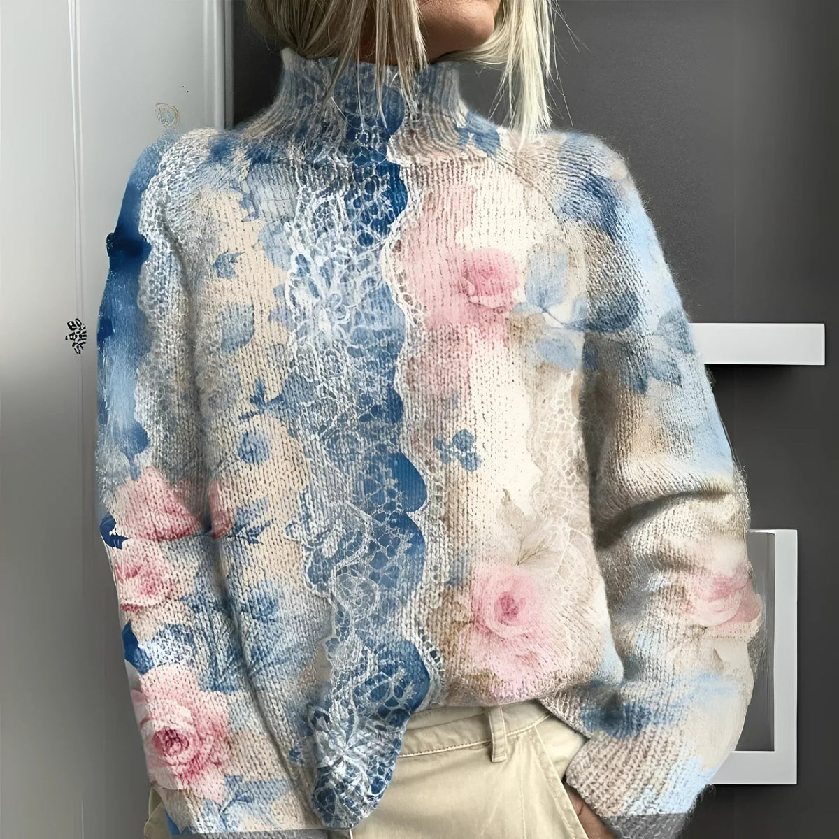 Pullis Damen, weicher Strickpullover mit Rollkragen und Blumenmuster