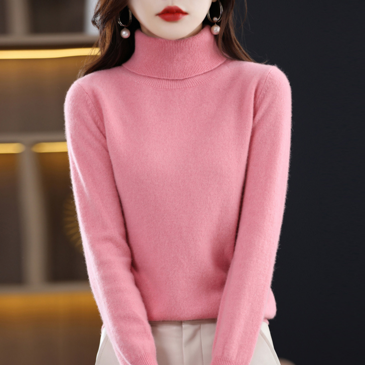 Pullover mit hohem Rollkragen und langen Ärmeln für Damen in Rosa - Ansicht 5