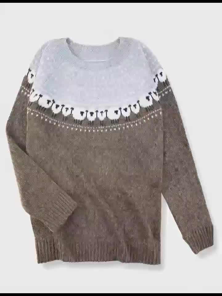 Pullover Damen mit Jacquardborte aus dickem Grobstrick zweifarbig