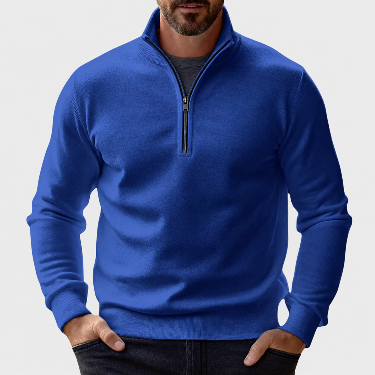 Pullover mit kurzem Reißverschluss und Stehkragen für Herren in Blau - Ansicht 5
