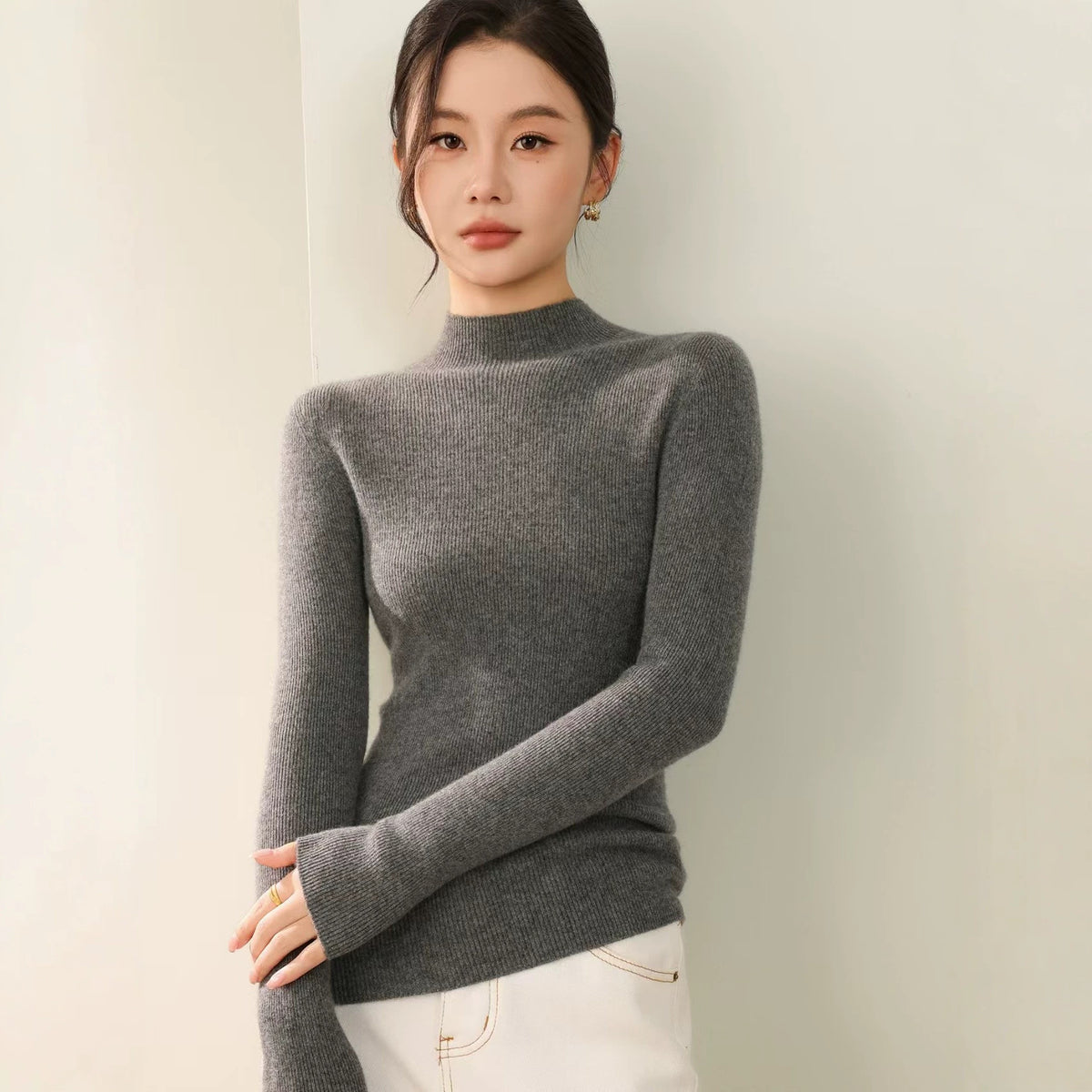 Pullover mit Rippstruktur und halbhohem Kragen für Damen