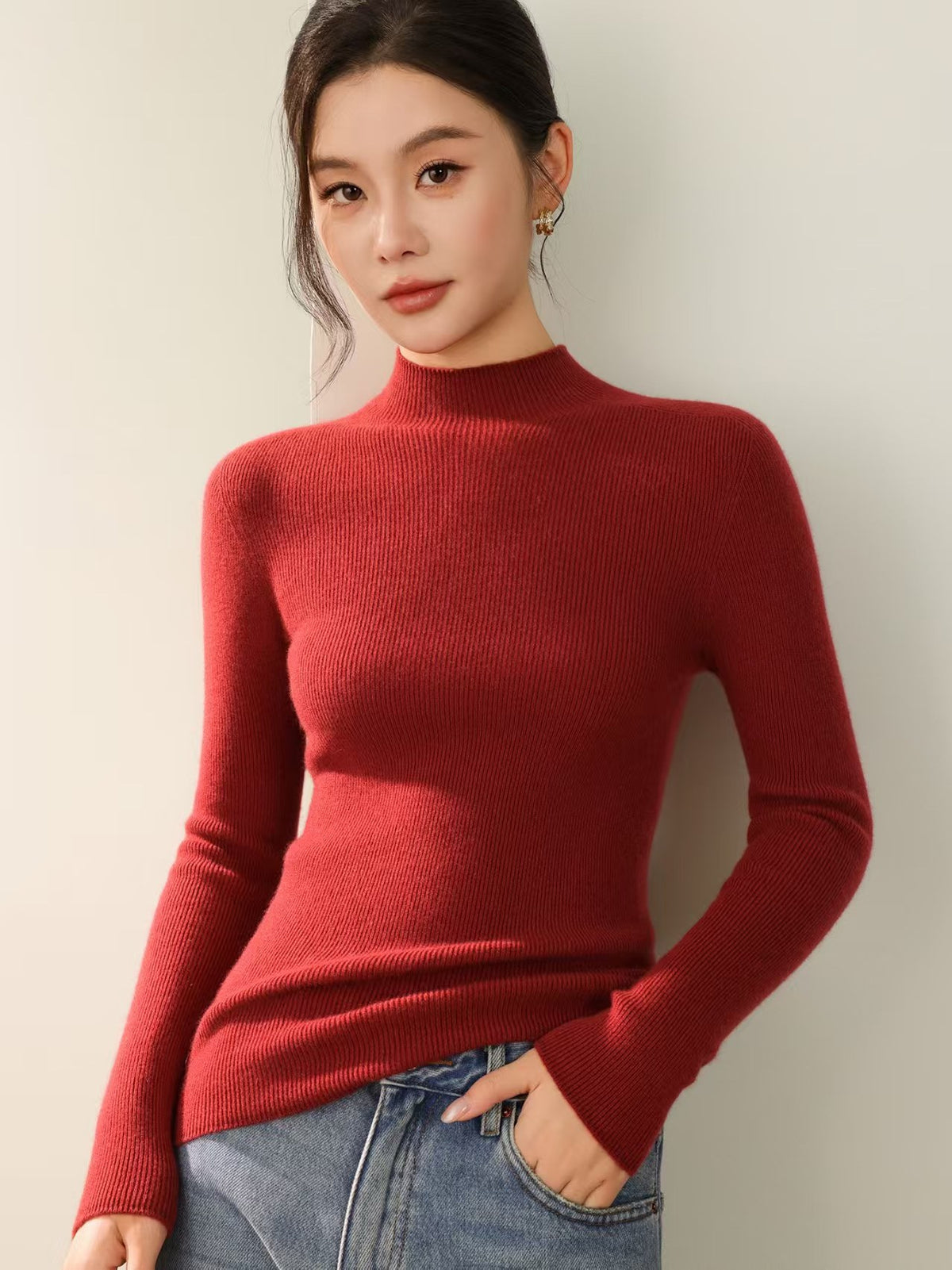 Pullover mit Rippstruktur und halbhohem Kragen für Damen