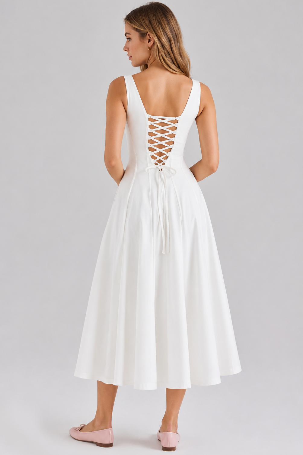 Festliches Kleid Damen Midikleid eckiger Ausschnitt Rückenschnürung