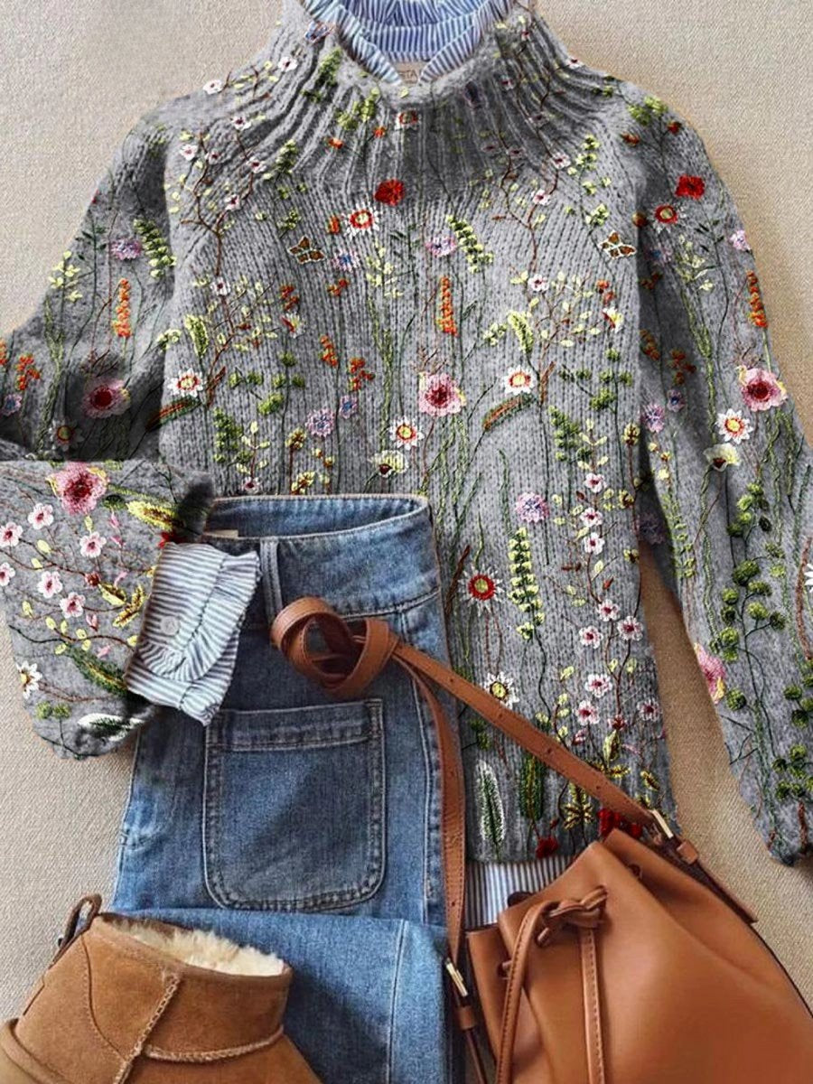 Rollkragen Pullover Damen mit Blumenstickerei aus Strick, Vintage-Look