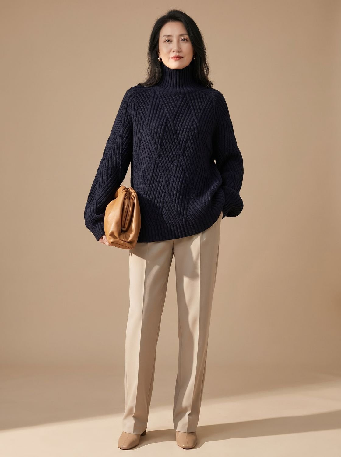 Rollkragenpullover Damen aus Baumwollmischung, Oversize mit Zopfmuster