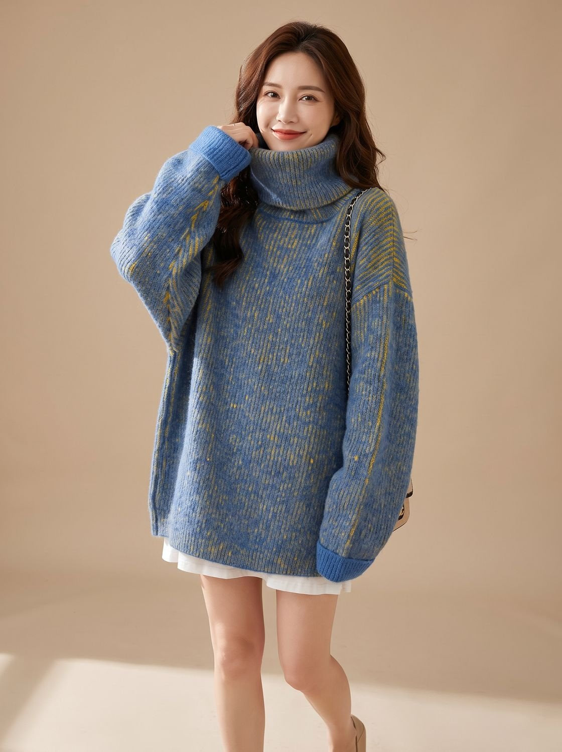 Rollkragenpullover Damen aus Grobstrick, Oversize für den Winter
