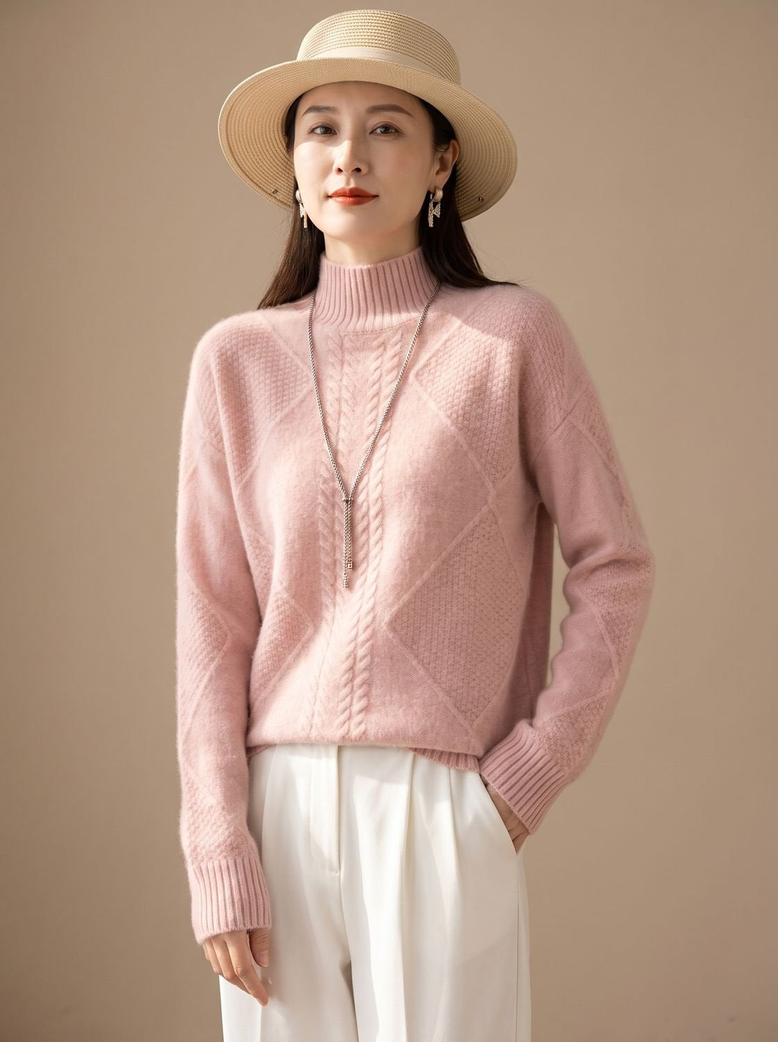 Rollkragenpullover Damen aus Kaschmir mit Zopfmuster