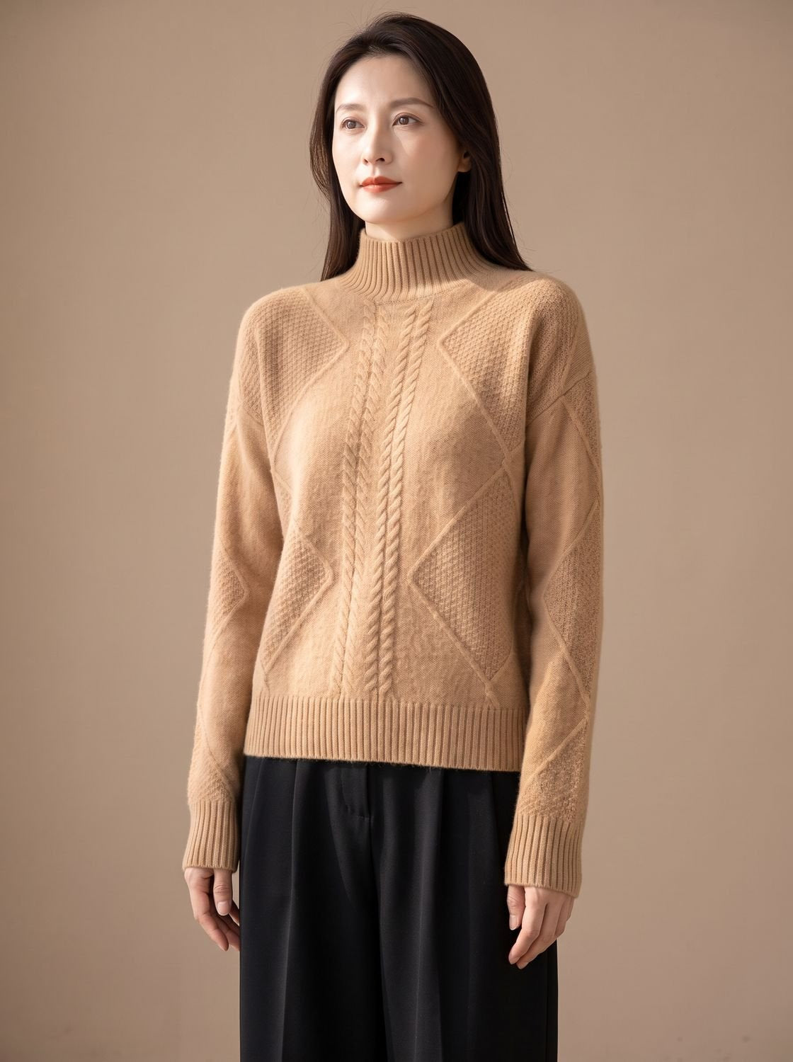 Rollkragenpullover Damen aus Kaschmir mit Zopfmuster