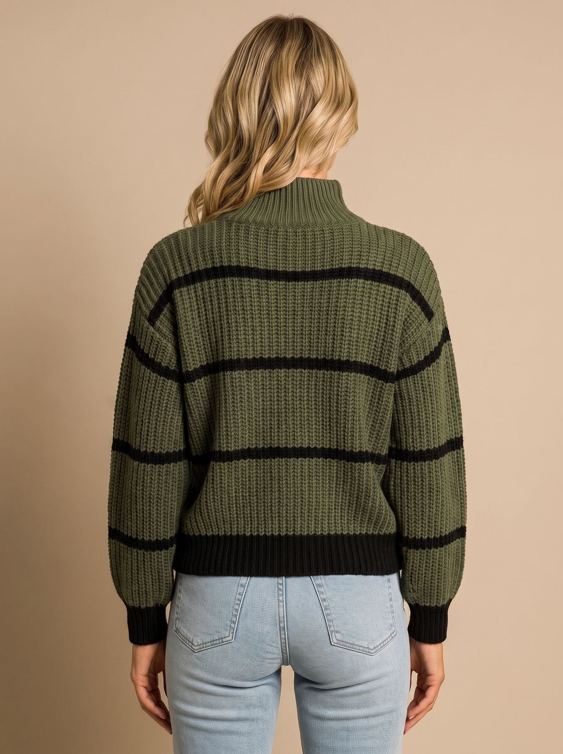 Rollkragenpullover Damen aus Rippstrick, Oversize mit Streifen