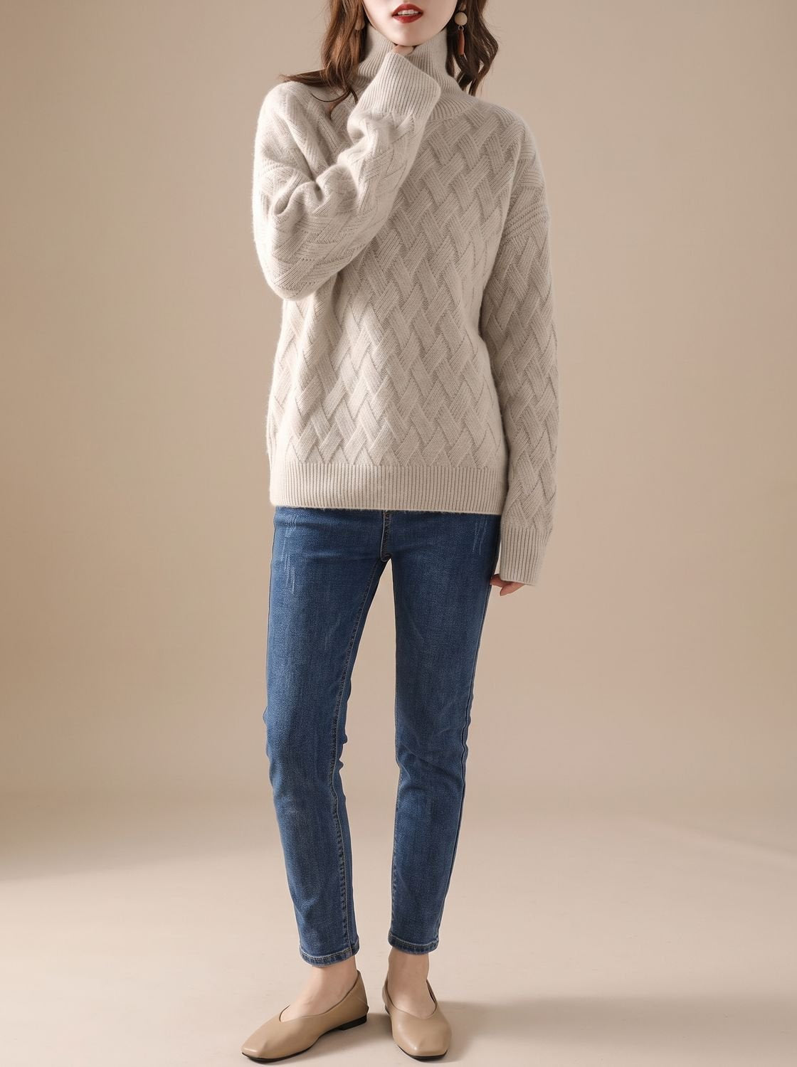 Rollkragenpullover Damen in Oversize mit Zopfmuster für den Winter