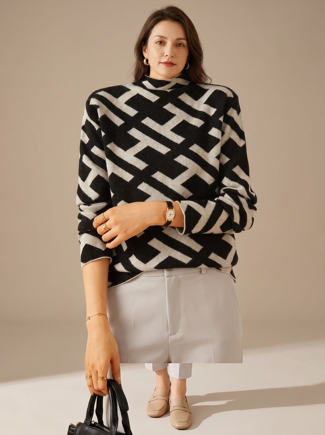 Rollkragenpullover Damen körperbetont mit geometrischem Monogramm-Muster