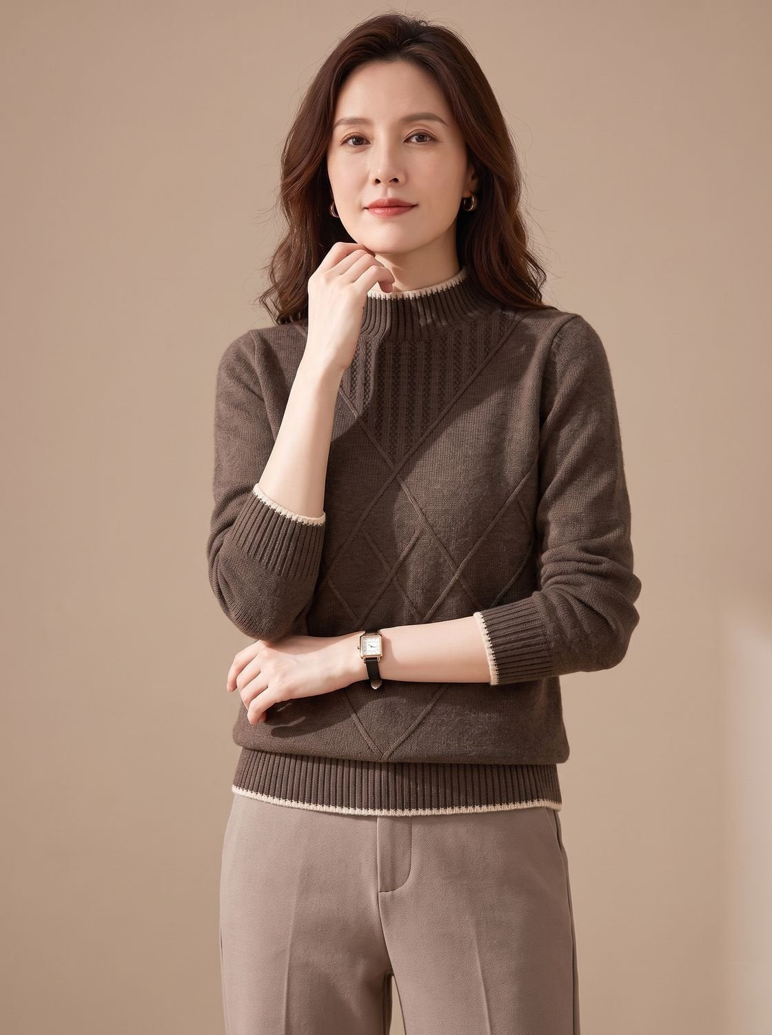Rollkragenpullover Damen locker gestrickt mit Halbkragen und Rautenmuster
