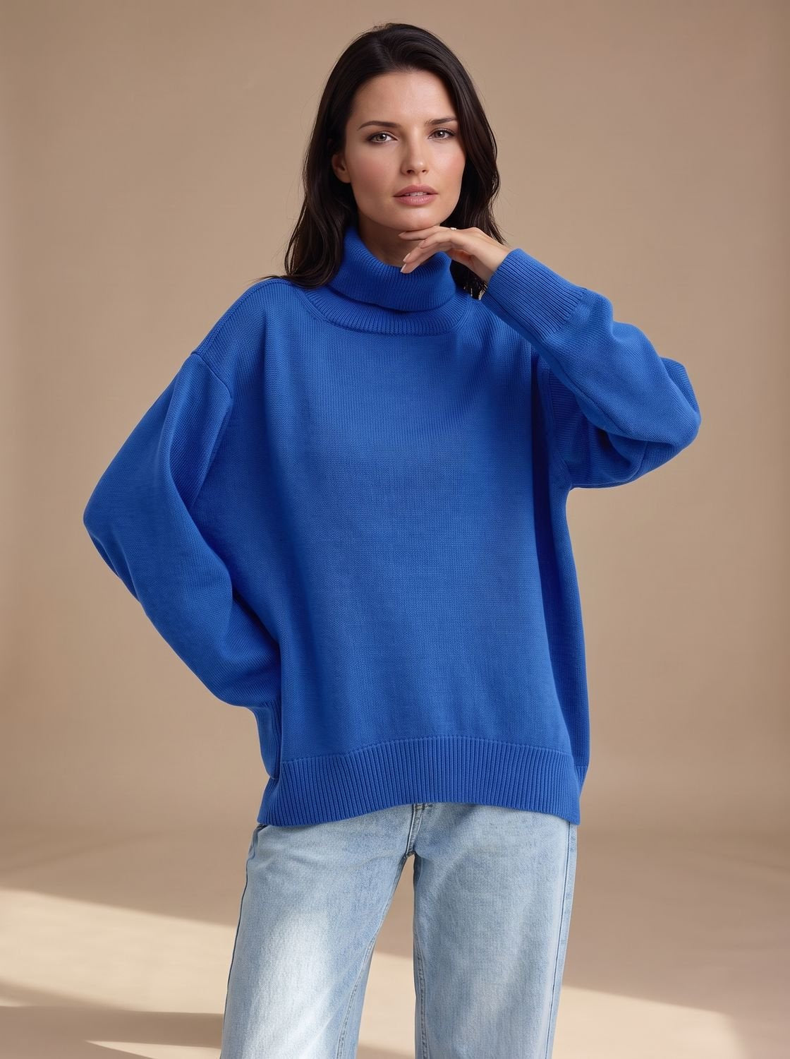 Rollkragenpullover Damen mit weitem Schnitt, hüftlang für Herbst und Winter