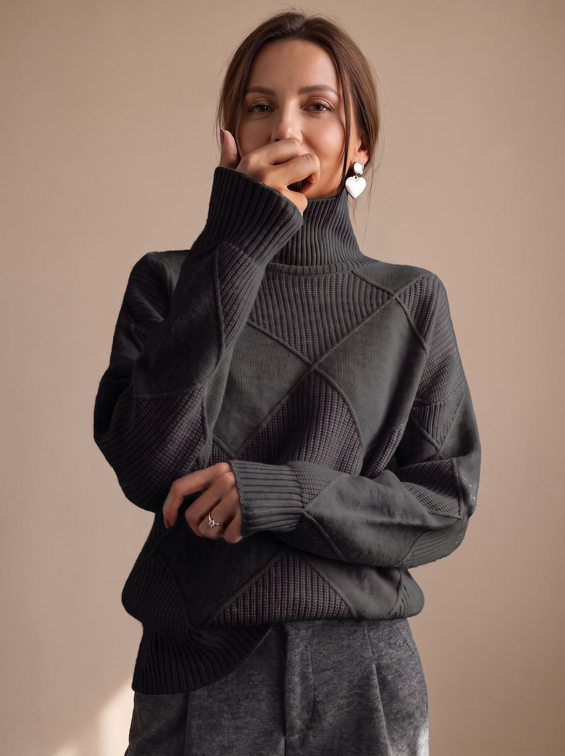 Rollkragenpullover Damen Oversize mit geometrischem Strickmuster