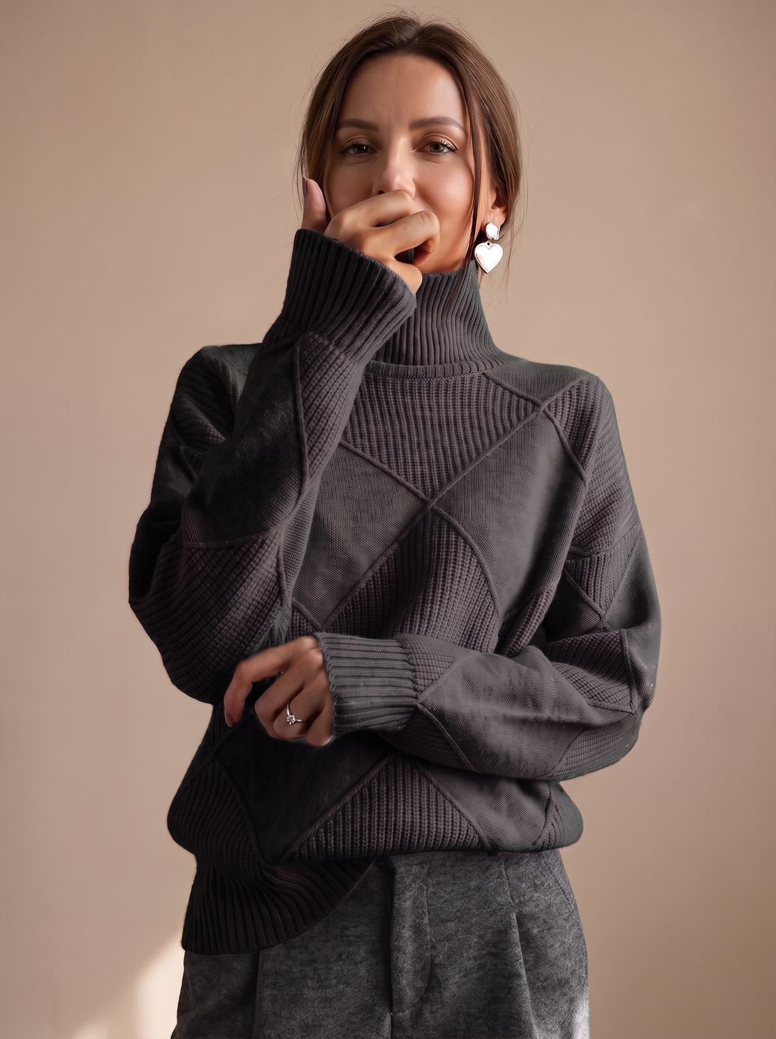 Rollkragenpullover Damen Oversize mit geometrischem Strickmuster