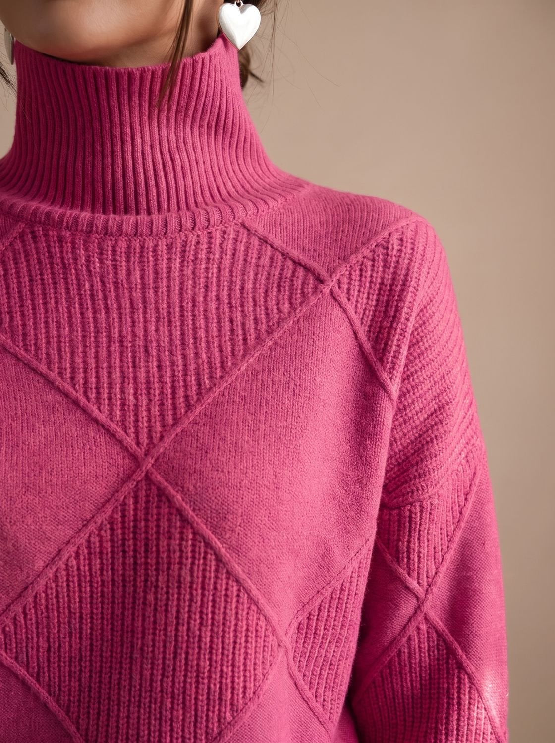 Rollkragenpullover Damen Oversize mit geometrischem Strickmuster