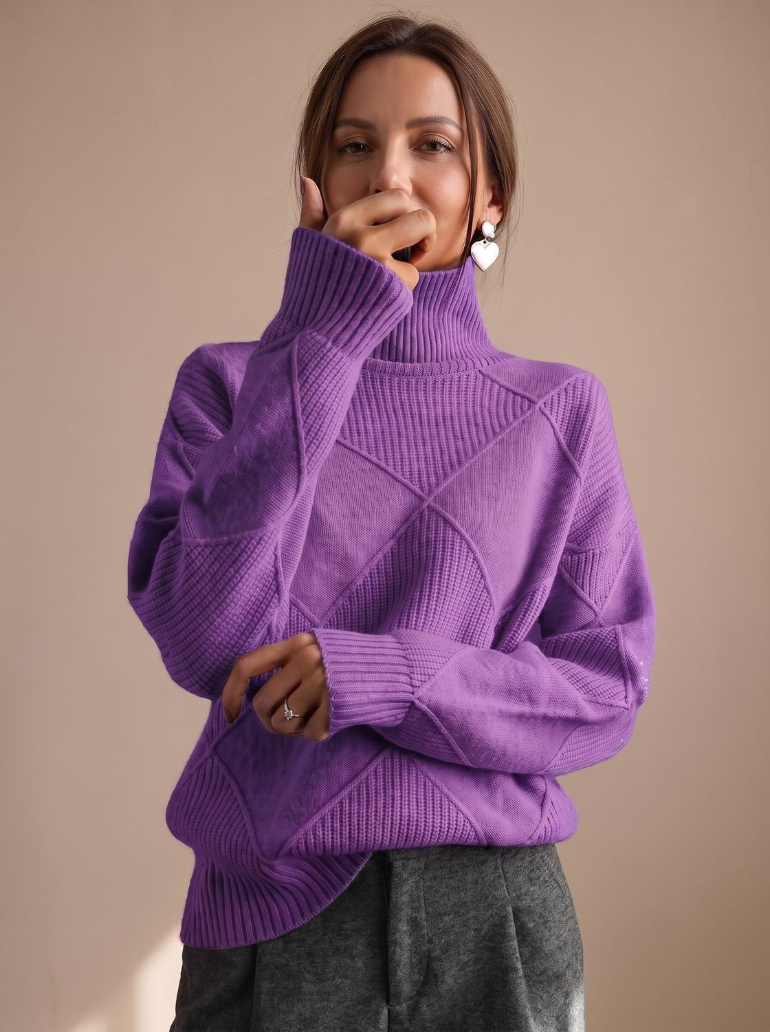 Rollkragenpullover Damen Oversize mit geometrischem Strickmuster