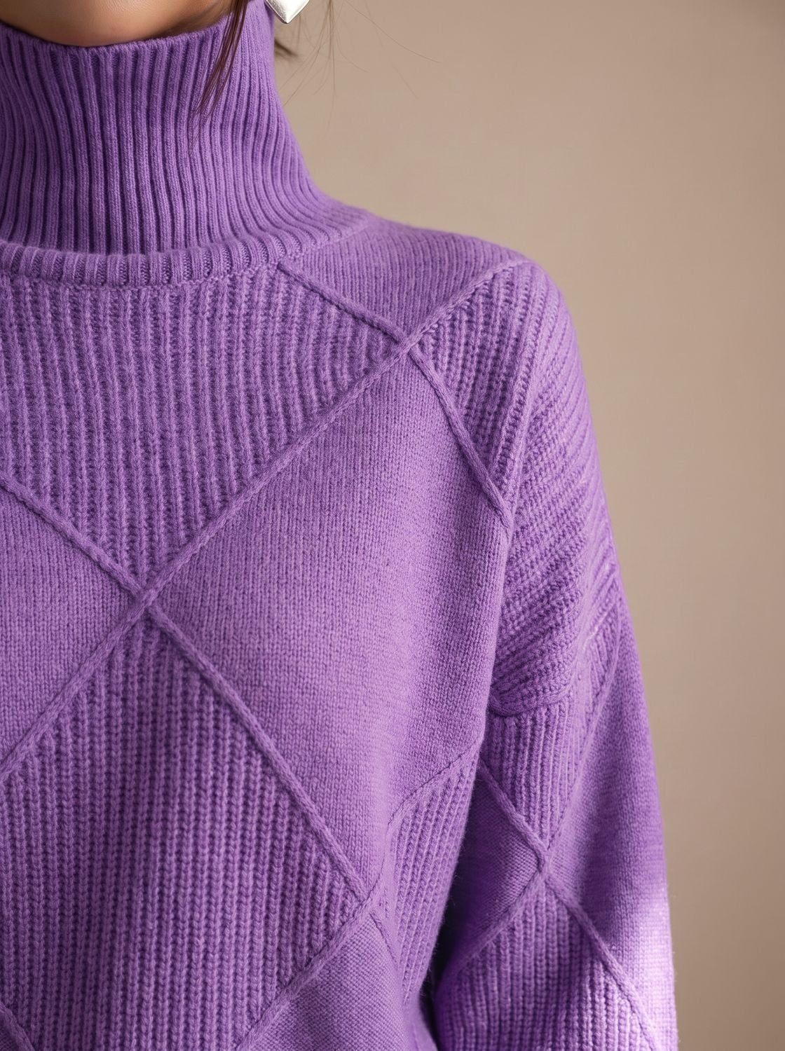 Rollkragenpullover Damen Oversize mit geometrischem Strickmuster