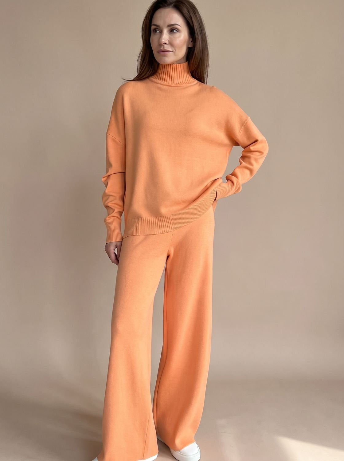 Rollkragenpullover Set Damen aus Strick, Oversize mit weiter Hose